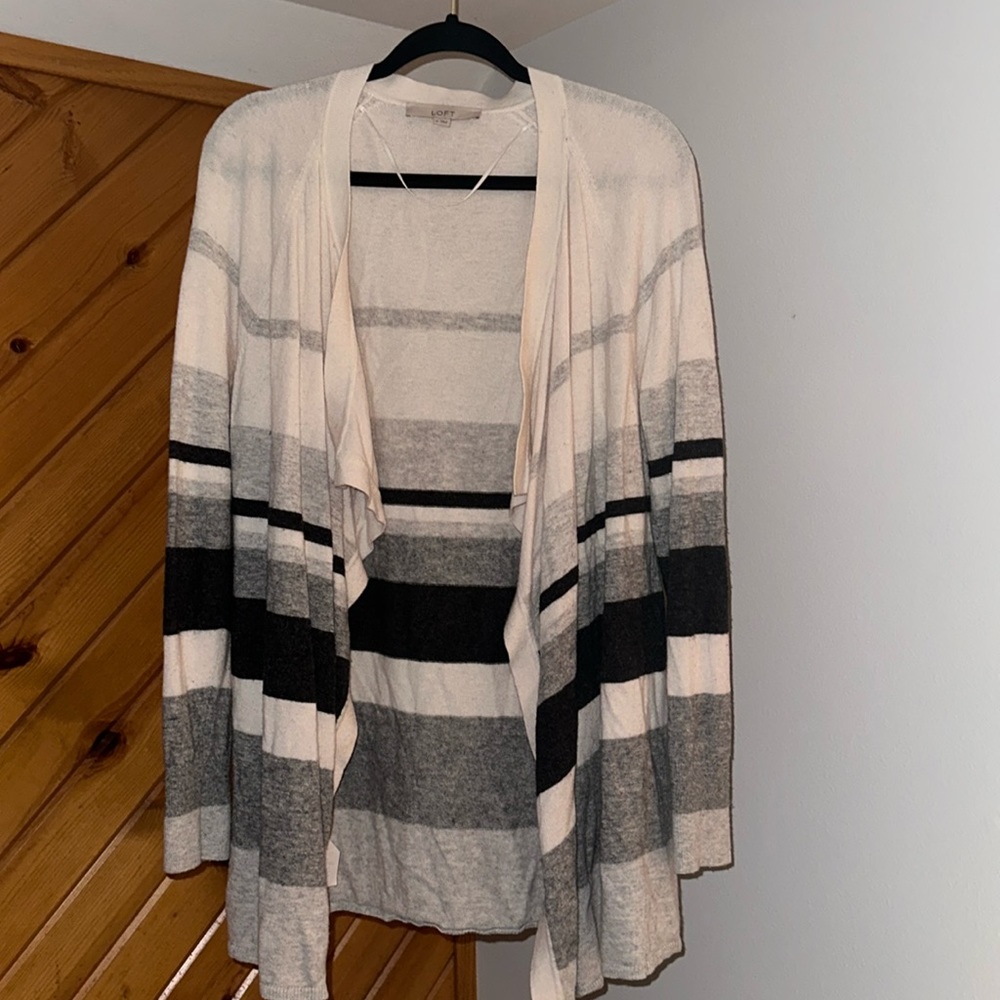 LOFT Striped Open Front Cardigan Gray Black Cream Size Medium